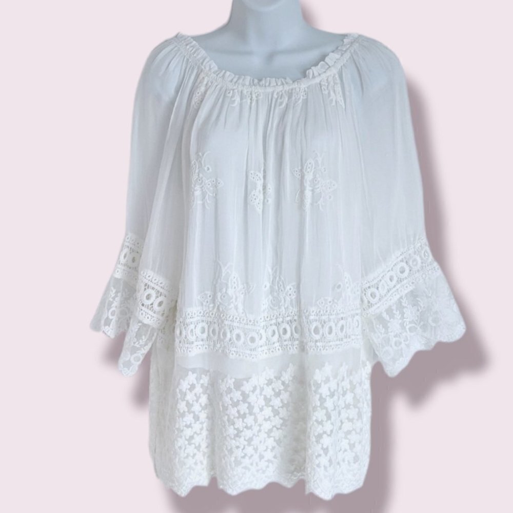M italian white lace chroshet boho blouse drop shoulder small @F1